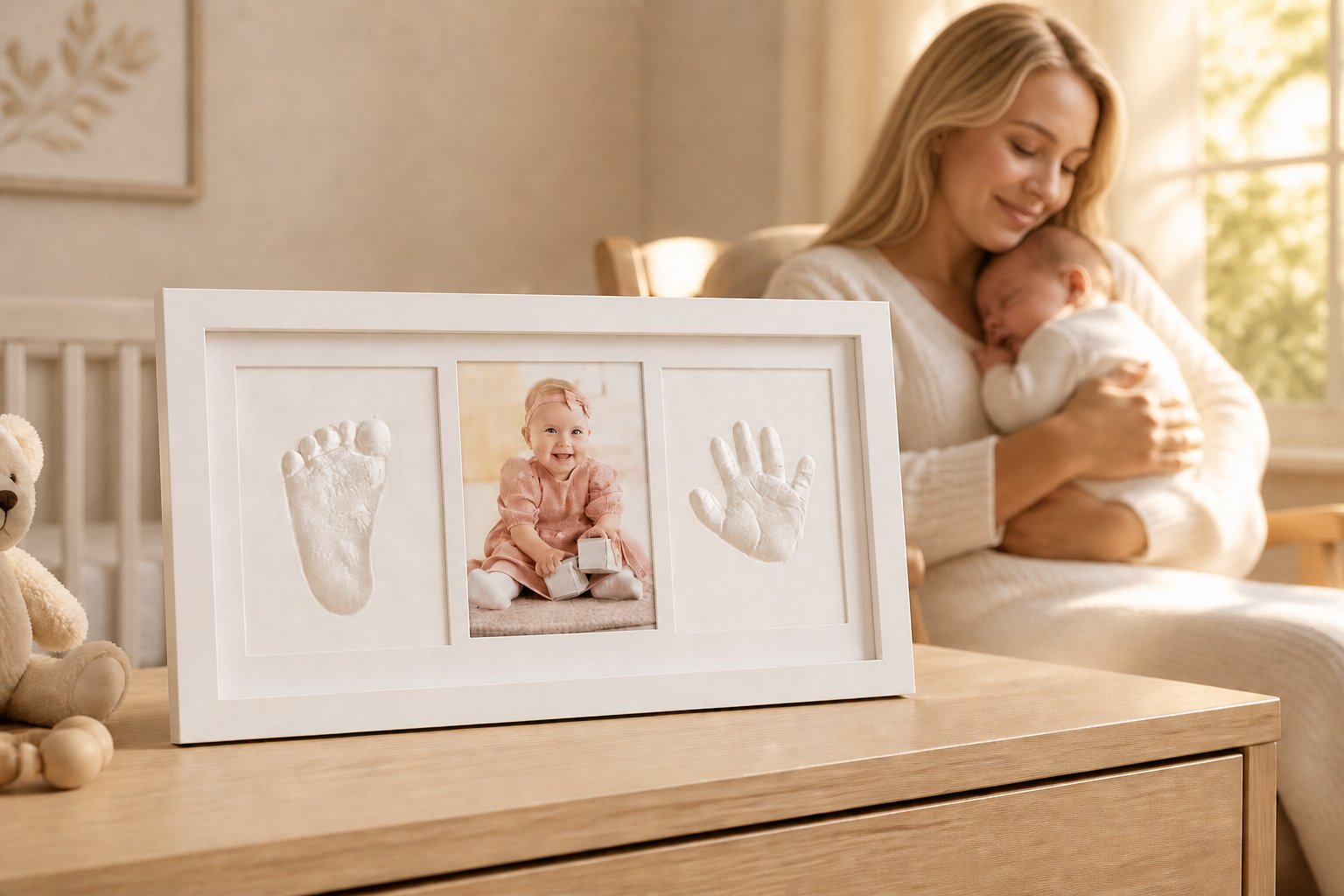 The completed keepsake frame displayed on a bedroom dresser, with a mother cradling her sleeping baby softly visible in the background.