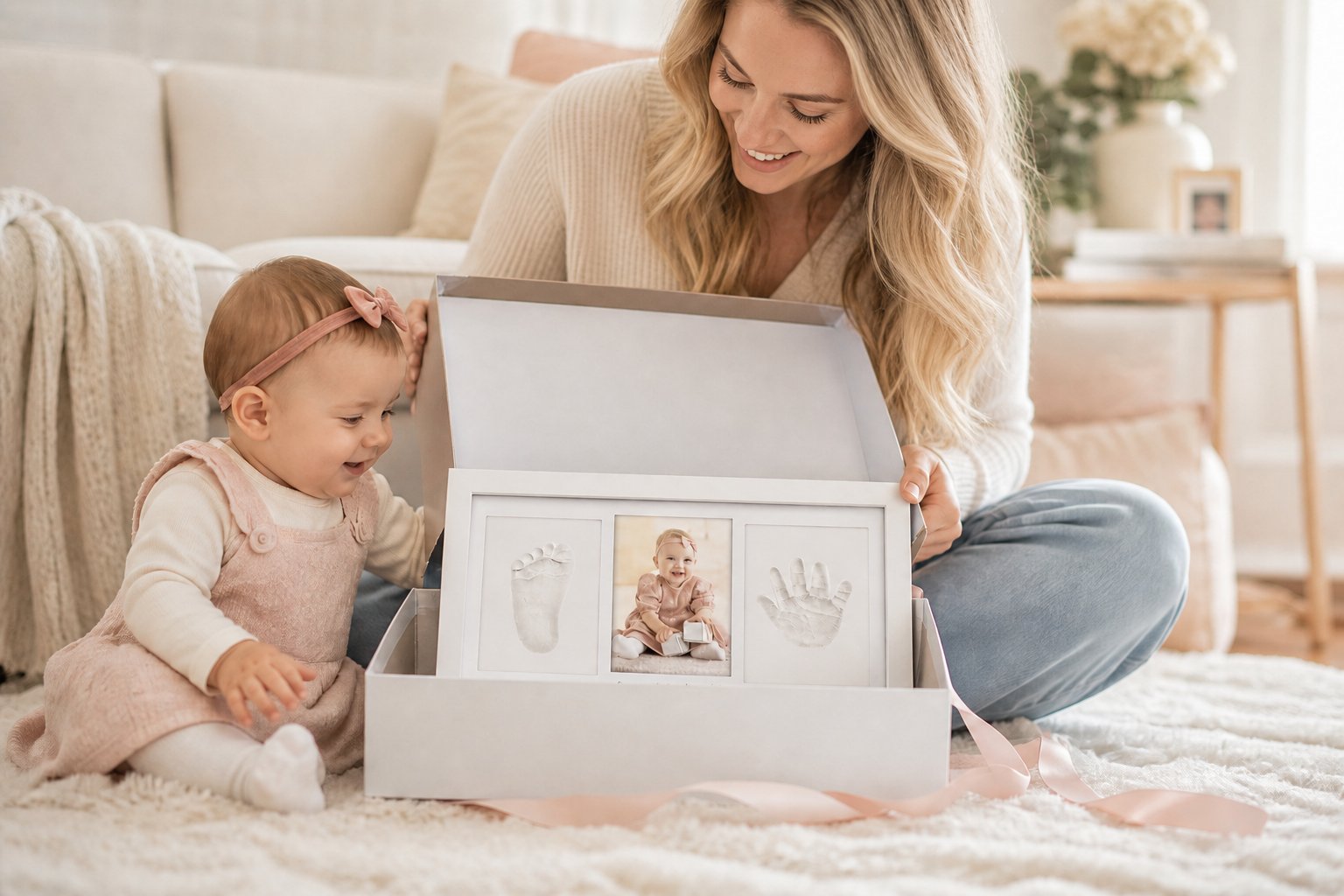 A mother and her baby opening a gift box to reveal the completed FirstTouch keepsake frame inside.